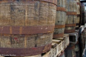 Barrels in the Old Bushmills Distillery in the town of Bushmills in County Antrim, Northern Ireland.